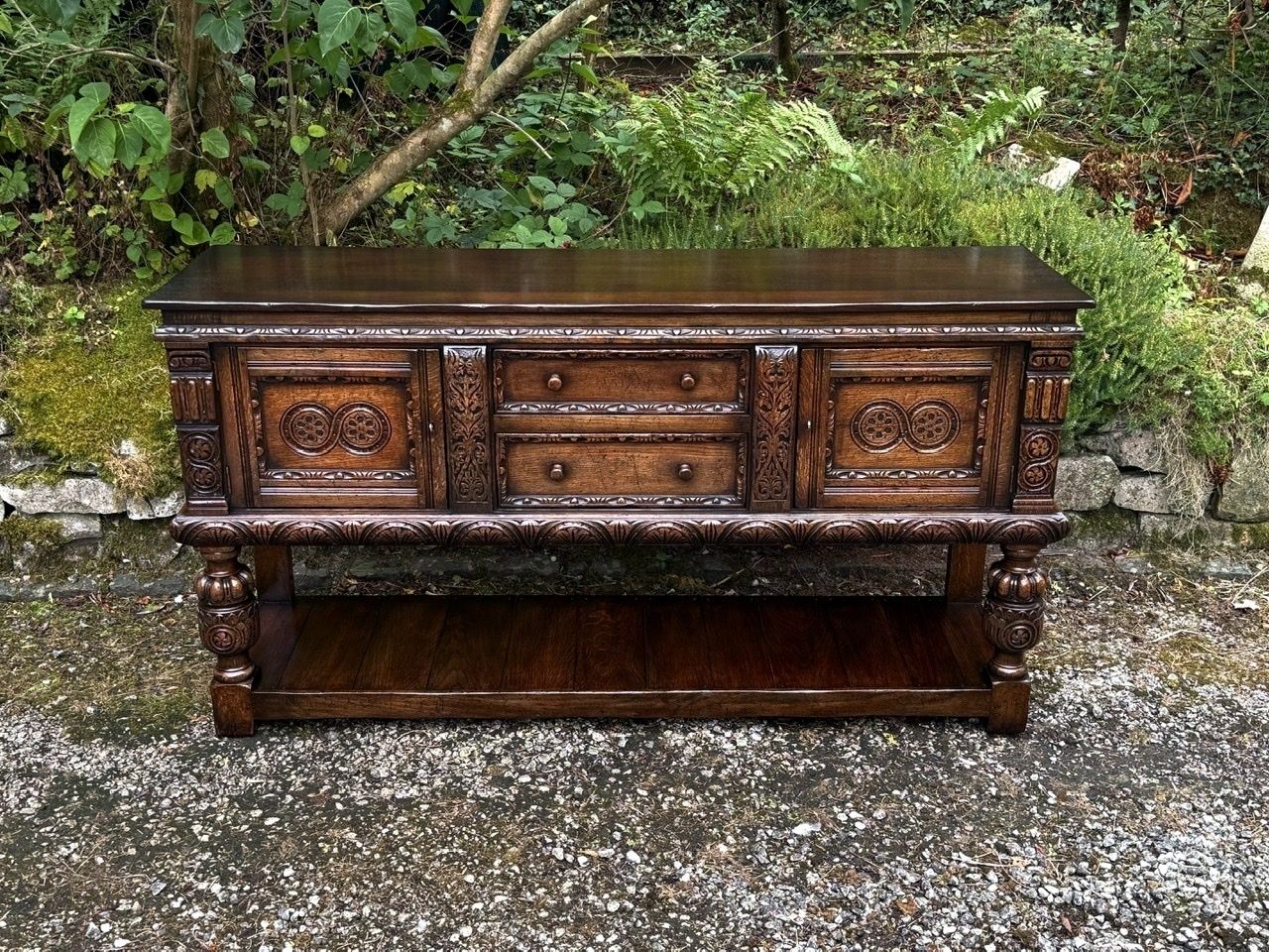 A Titchmarsh And Goodwin Jacobean Carved Oak Dresser Base / Sideboard / Hall Cabinet