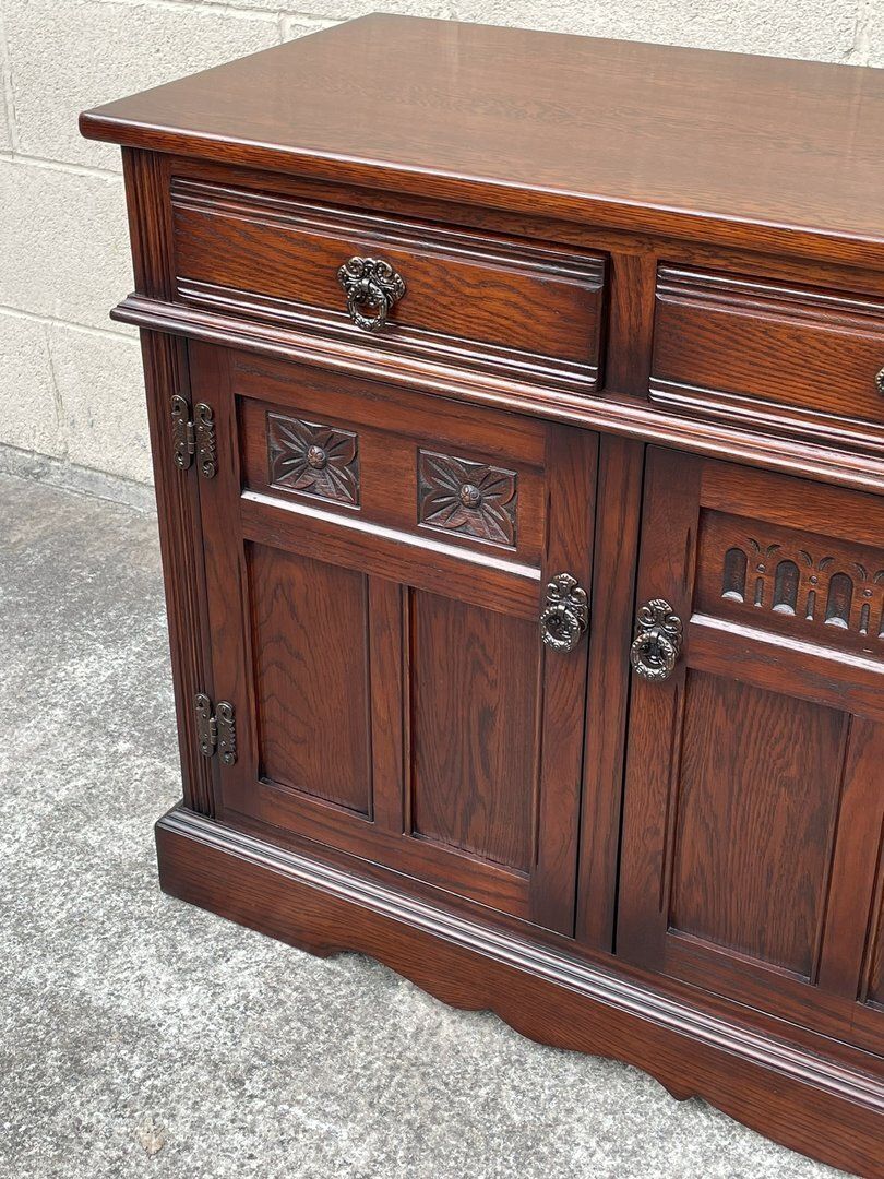 A Wood Brothers Old Charm Tudor Brown Carved Oak Sideboard / Dresser Base / Cupboard / Cabinet photo vintage