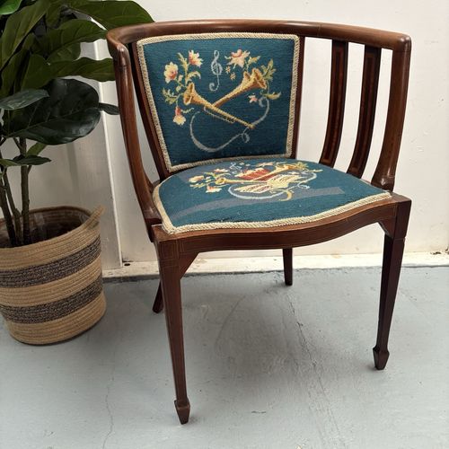 George III Curved Elm Corner Accent Chair Tapestry Seat & Musical Theme Motif