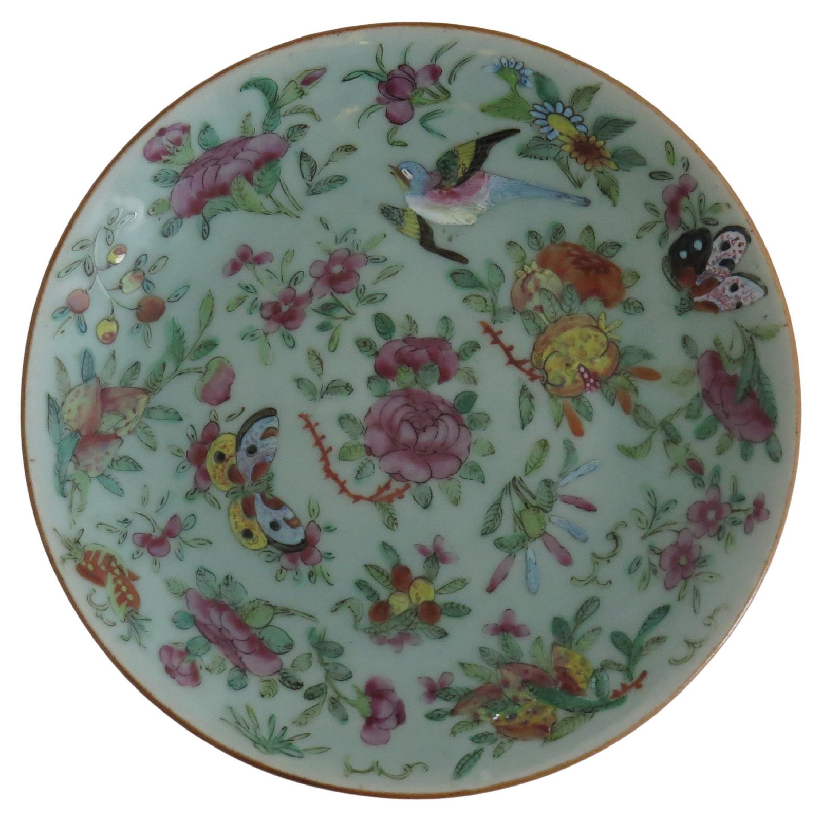 Chinese Porcelain Large Plate Or Dish Celadon Famille Rose Hand Painted, Ca 1820