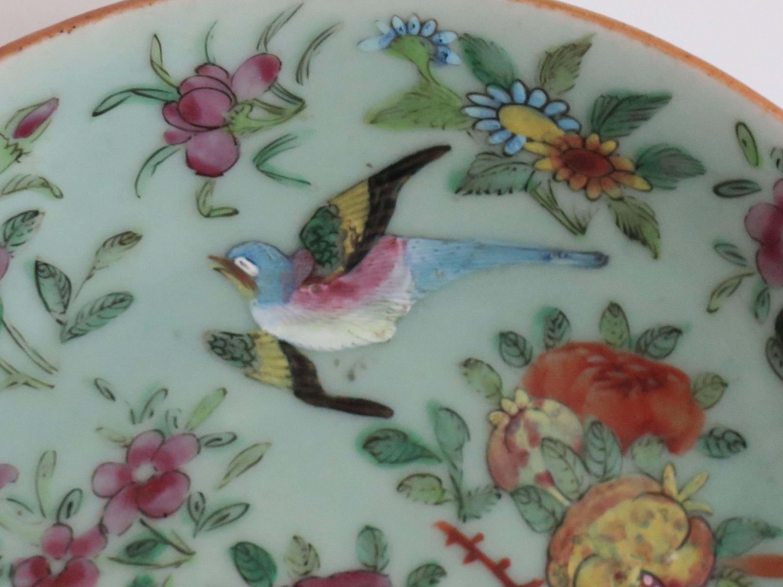 342.0 Chinese Porcelain Large Plate Or Dish Celadon Famille Rose Hand Painted, Ca 1820 photo