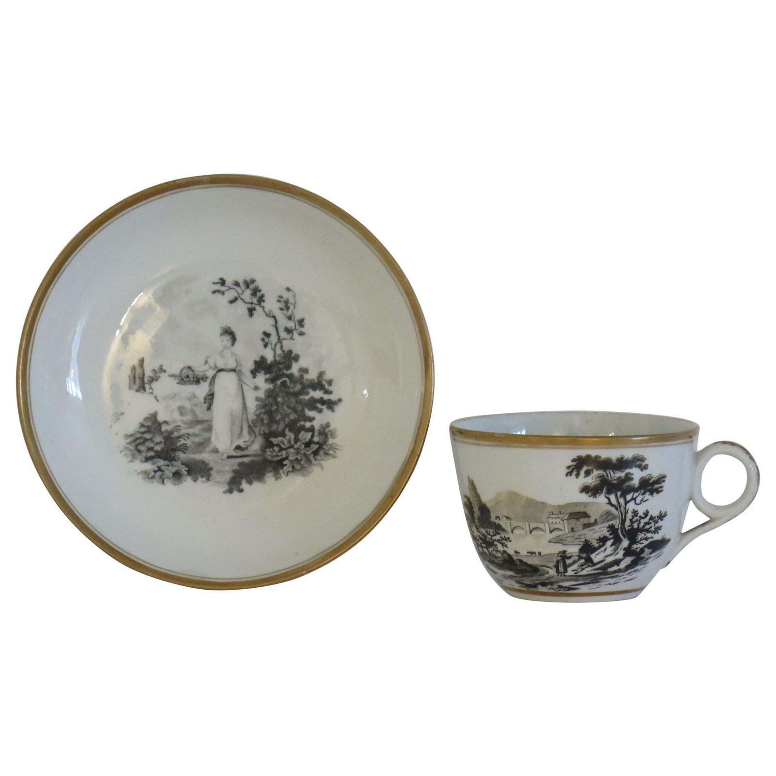 Georgian Newhall Porcelain Duo Tea Cup And Saucer Bat Printed Ptn, Circa 1805