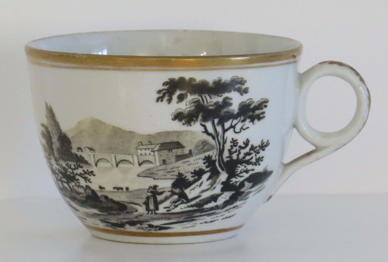 331.0 Georgian Newhall Porcelain Duo Tea Cup And Saucer Bat Printed Ptn, Circa 1805 photo