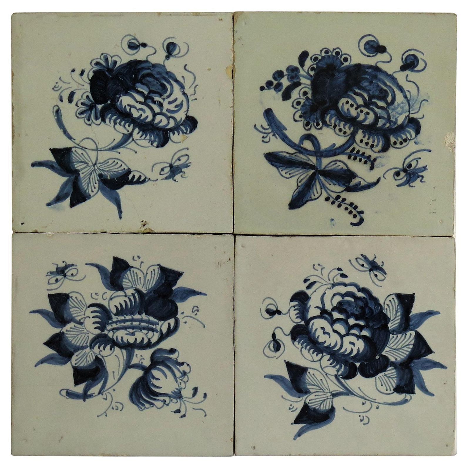 Four 17th Century Delft Blue And White Wall Tiles On Frame Set 1, Netherlands