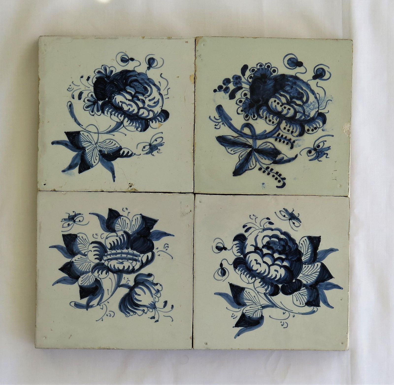 Four 17th Century Delft Blue And White Wall Tiles On Frame Set 1, Netherlands photo furniture