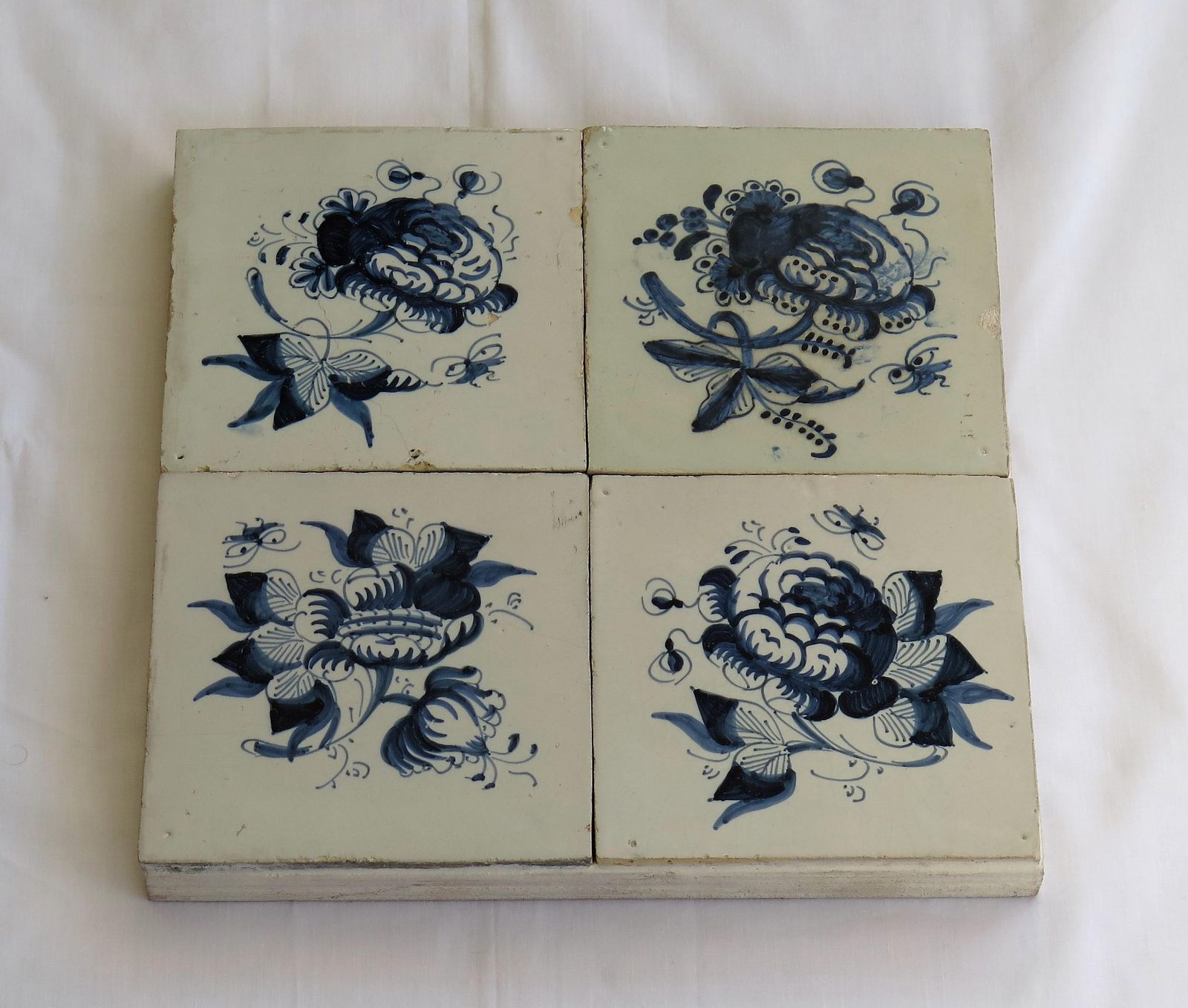Four 17th Century Delft Blue And White Wall Tiles On Frame Set 1, Netherlands photo for sale