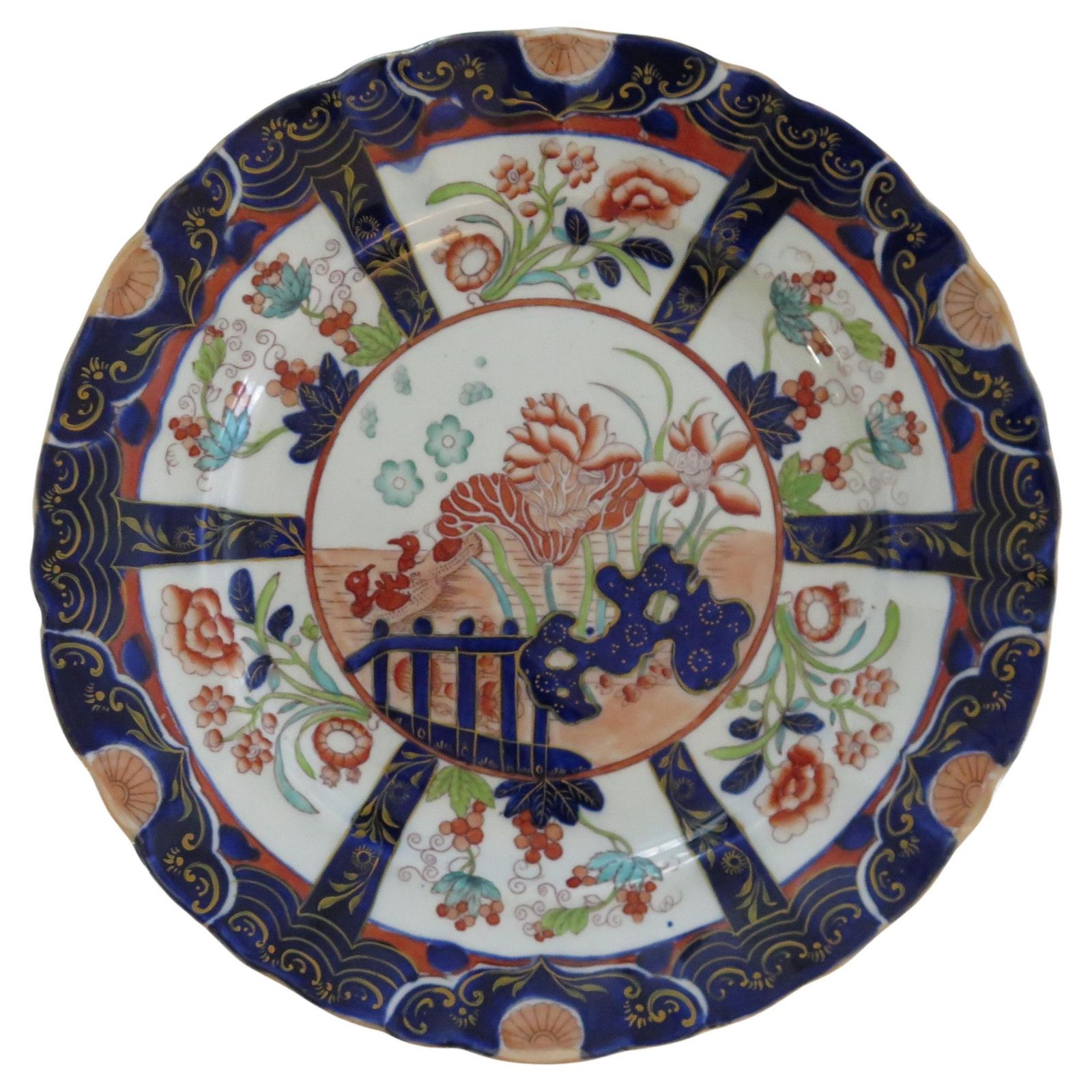 Masons Ironstone Large Dinner Plate In Rare Muscove Duck & Fence Ptn, Ca 1840