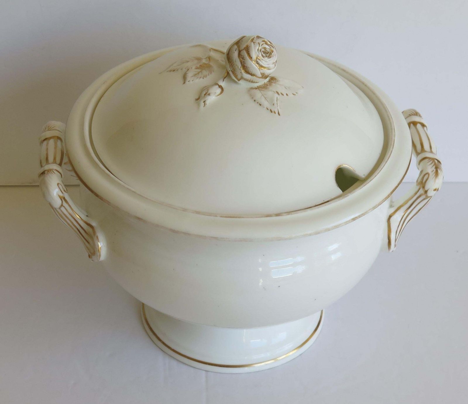 Large 19th Century Porcelain Tureen Gilded Moulded Handles & Rose Knop To Lid photo Home Decor