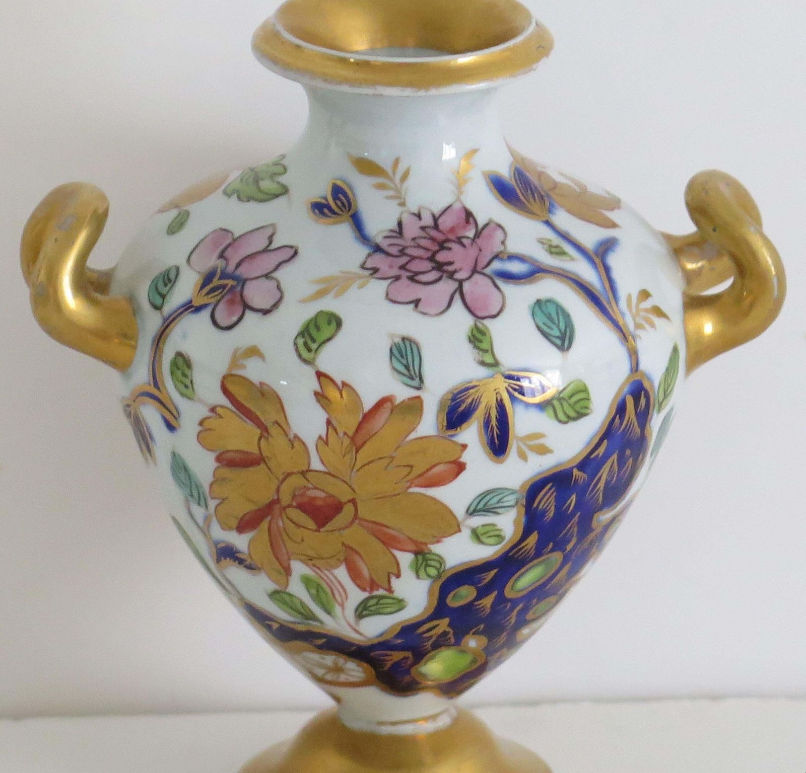 photo for sale Rare Pair Masons Ironstone Small Vases Fence Rock & Gold Flower Pattern, Ca 1820
