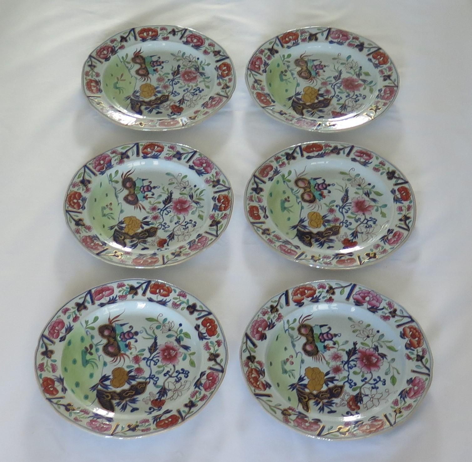 Set Of Six Masons Dinner Plates In Small Vase Flowers And Rocks Ptn, Ca 1818 photo for sale