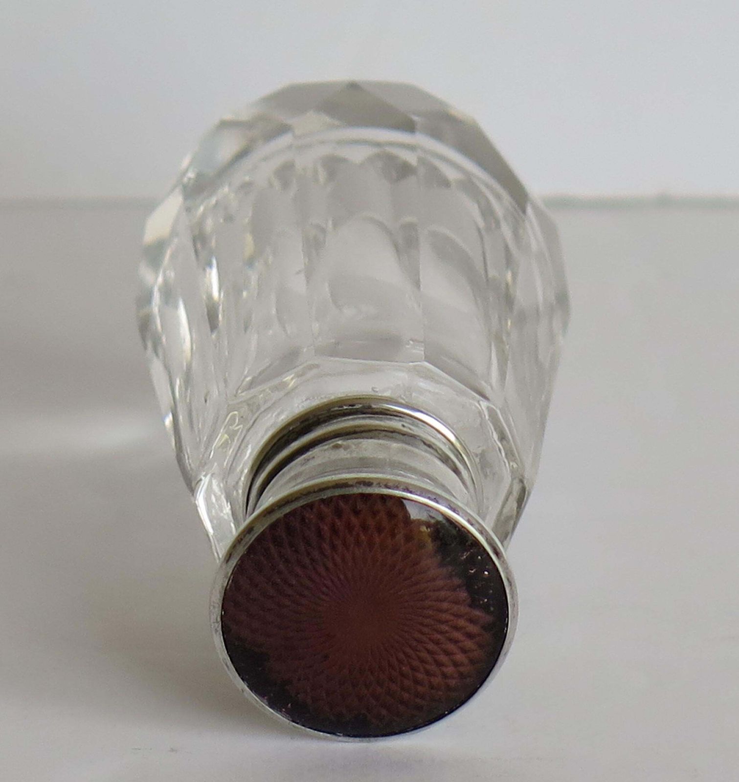 Burgundy Guilloche & Silver Topped Cut Glass Scent Or Perfume Bottle London 1921 photo for sale