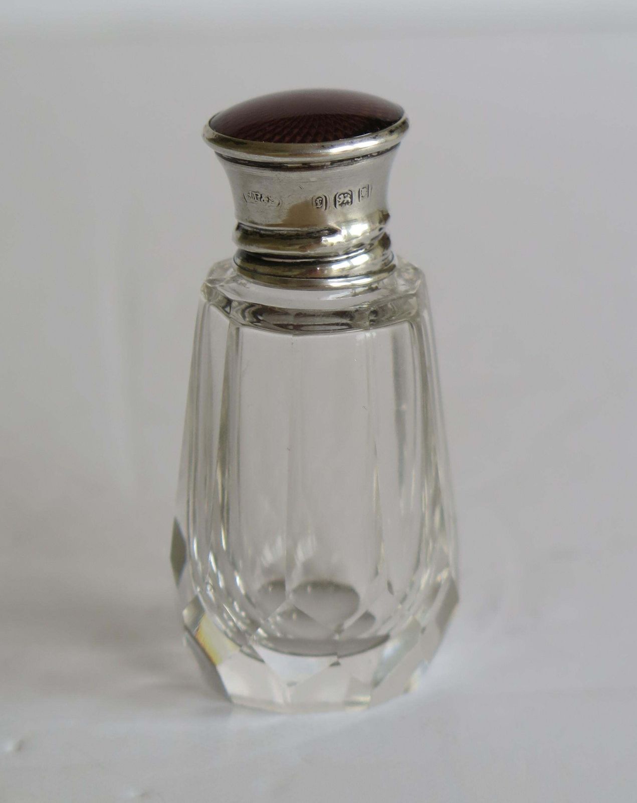 Home Decor Burgundy Guilloche & Silver Topped Cut Glass Scent Or Perfume Bottle London 1921 photo