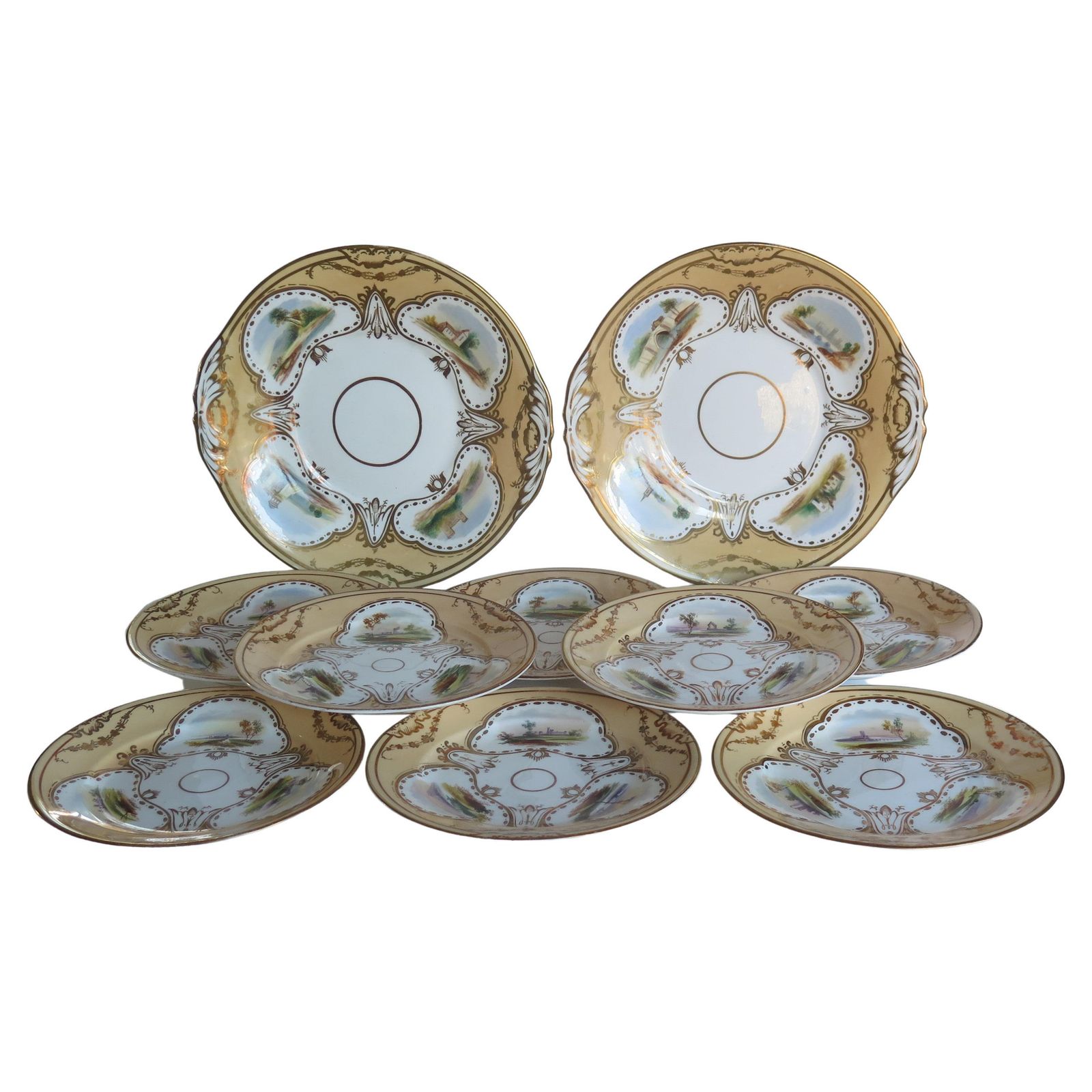 Set Of Ten Desert Plates By Rockingham Porcelain Hand Painted Scenes, Circa 1825