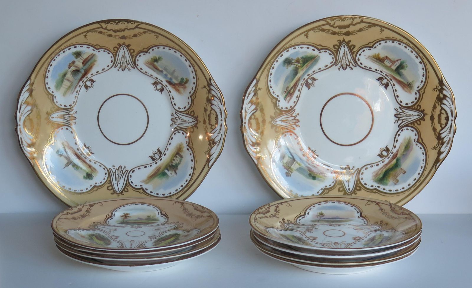 Set Of Ten Desert Plates By Rockingham Porcelain Hand Painted Scenes, Circa 1825 photo 1004.0