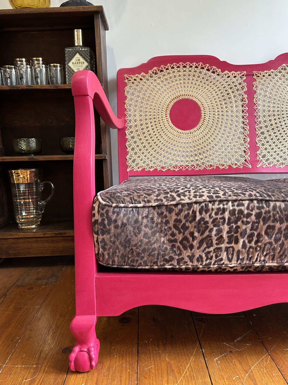 Pink And Leopard Print Cane Two Seater Sofa photo for sale