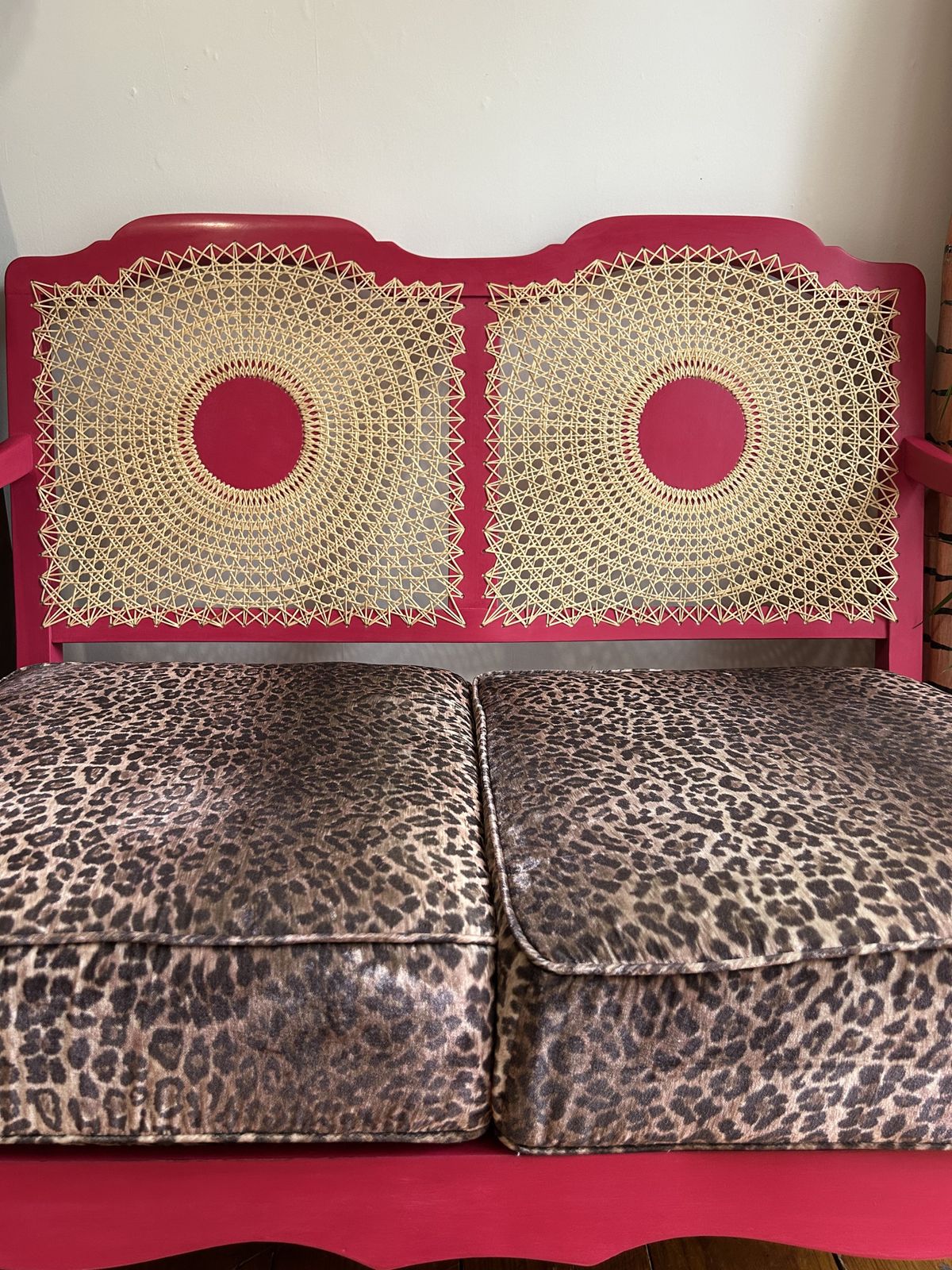 765.0 Pink And Leopard Print Cane Two Seater Sofa photo