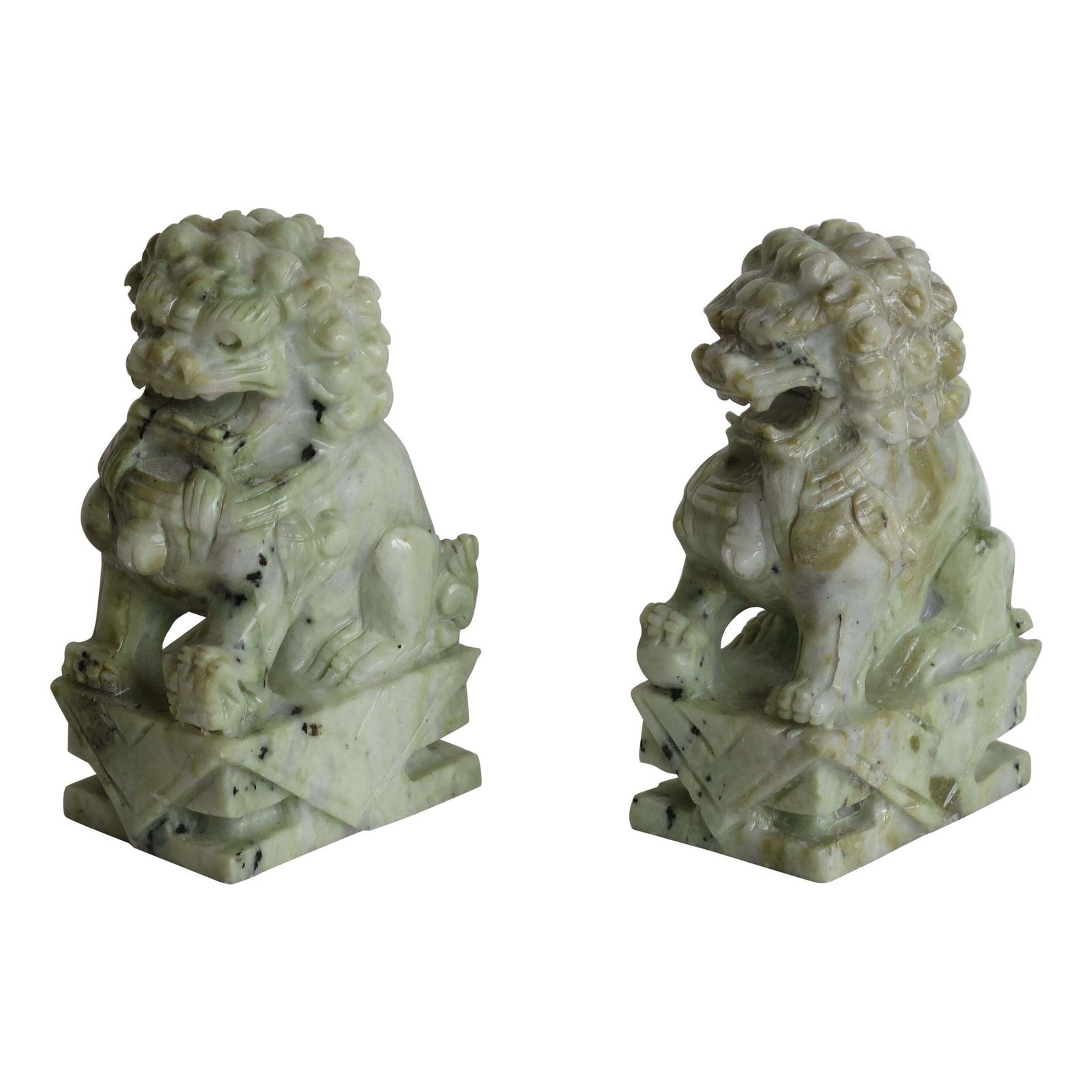 Pair Of Chinese Foo Dogs Hand Carved Hardstone Good Colour And Detail, Ca 1940