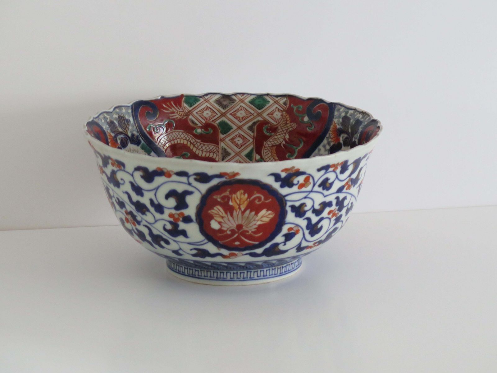 Japanese Porcelain Bowl Hand Painted Vines, Flowers & Dragons, Meiji Ca 1860 photo buy