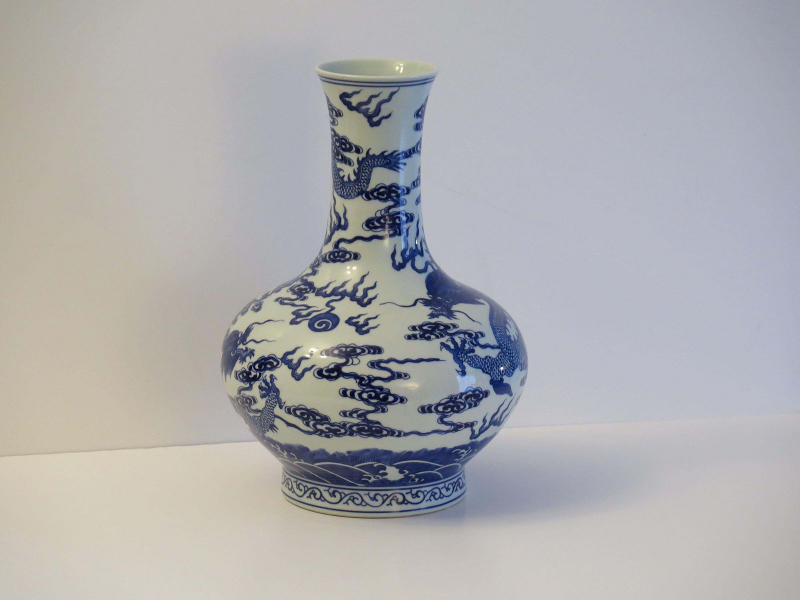 Chinese Export Vase Porcelain Blue & White Hand Painted Dragons, Circa 1950 photo buy