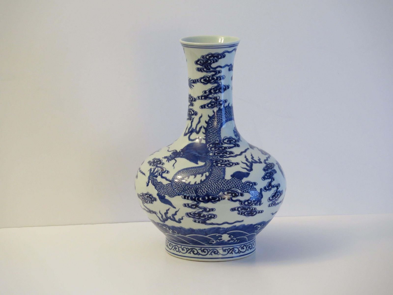 Chinese Export Vase Porcelain Blue & White Hand Painted Dragons, Circa 1950 photo vintage