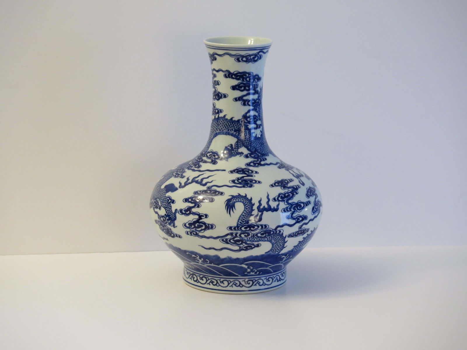 photo for sale Chinese Export Vase Porcelain Blue & White Hand Painted Dragons, Circa 1950
