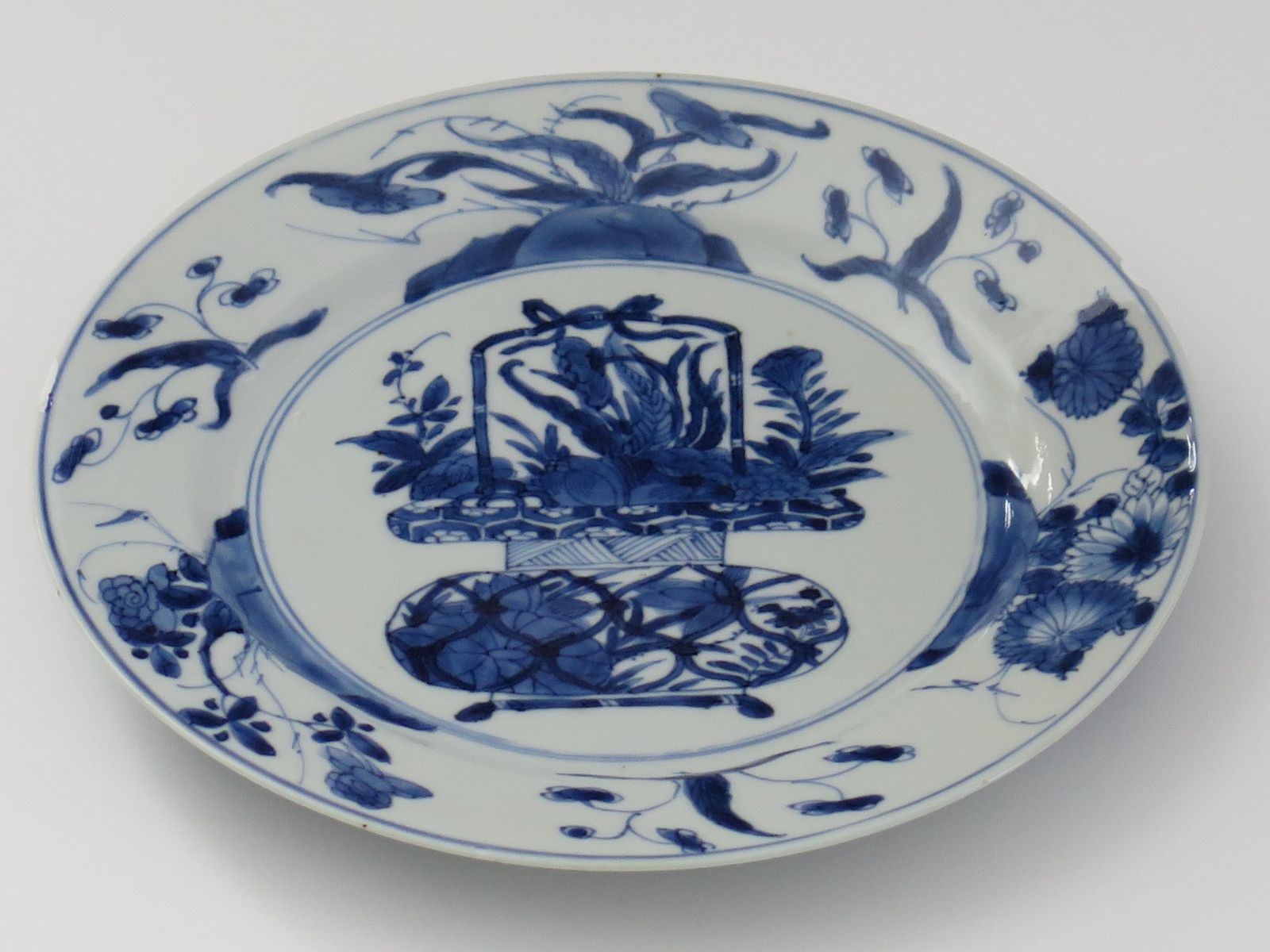 Chinese Kangxi Mark & Period Plate Porcelain Blue & White Flower Basket, Ca 1700 photo for sale