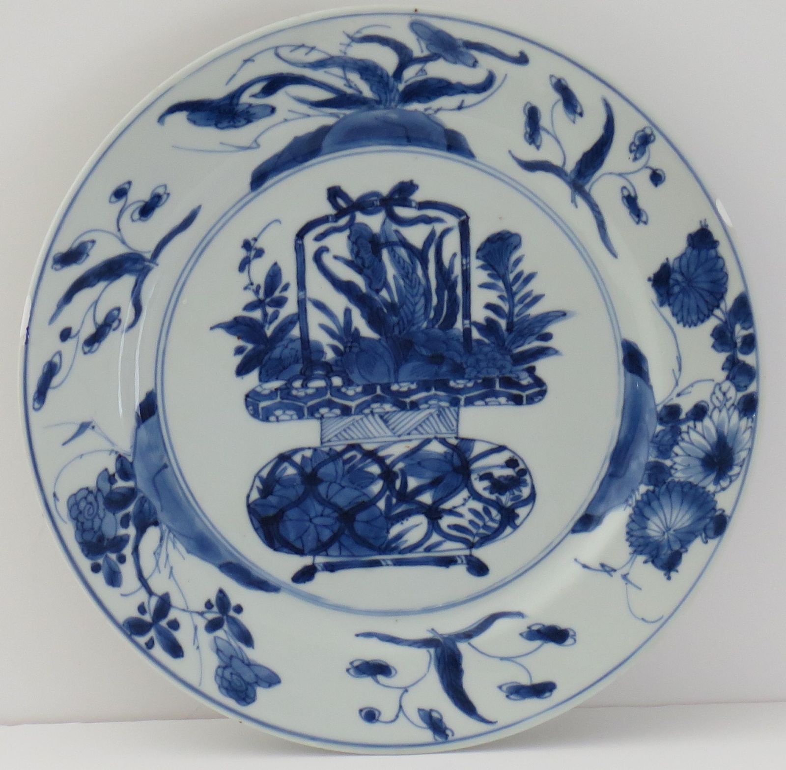 Chinese Kangxi Mark & Period Plate Porcelain Blue & White Flower Basket, Ca 1700 photo buy