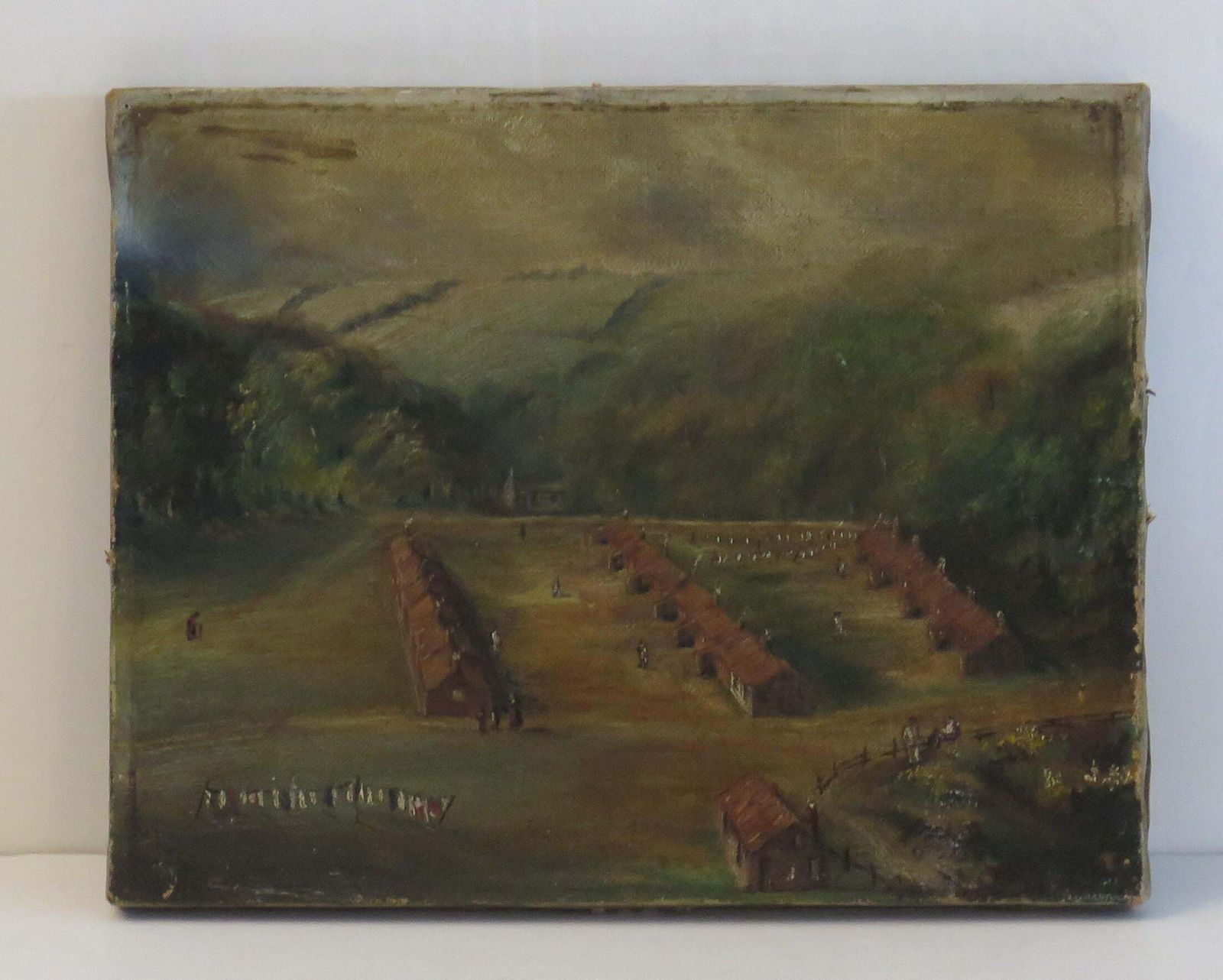 Original Oil Painting On Canvas Colonial Shanty Town Landscape, 19th C. photo furniture