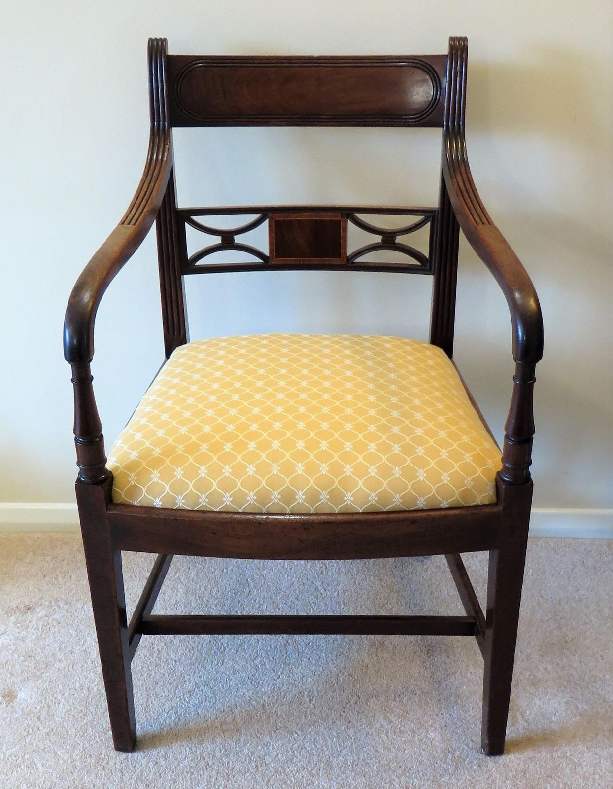 Georgian Armchair Carved Inlaid Mahogany, English Sheraton Circa 1790 photo furniture