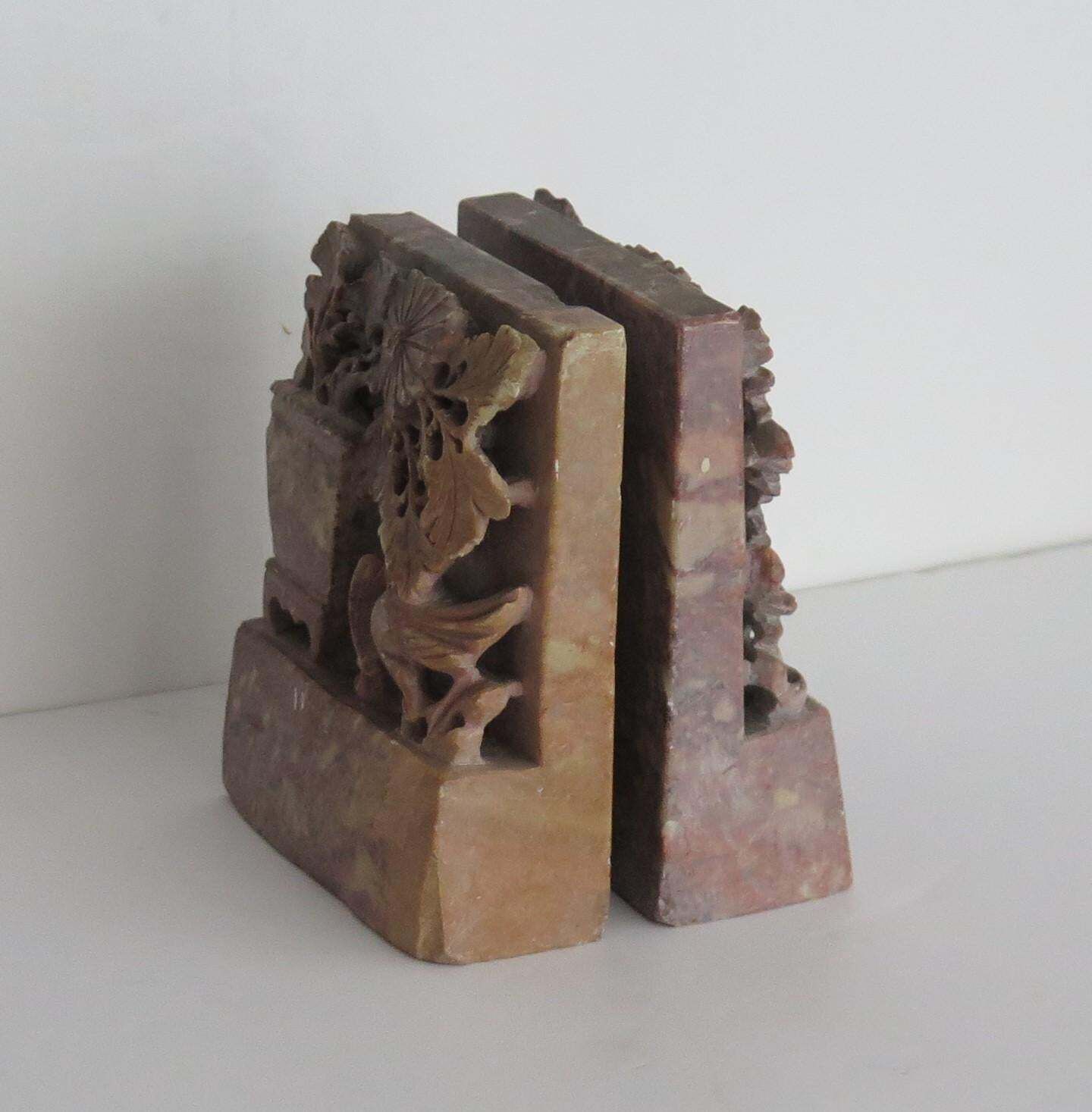 Chinese Bookends Of Soapstone Hand Carved, Republic Period Circa 1920s photo for sale