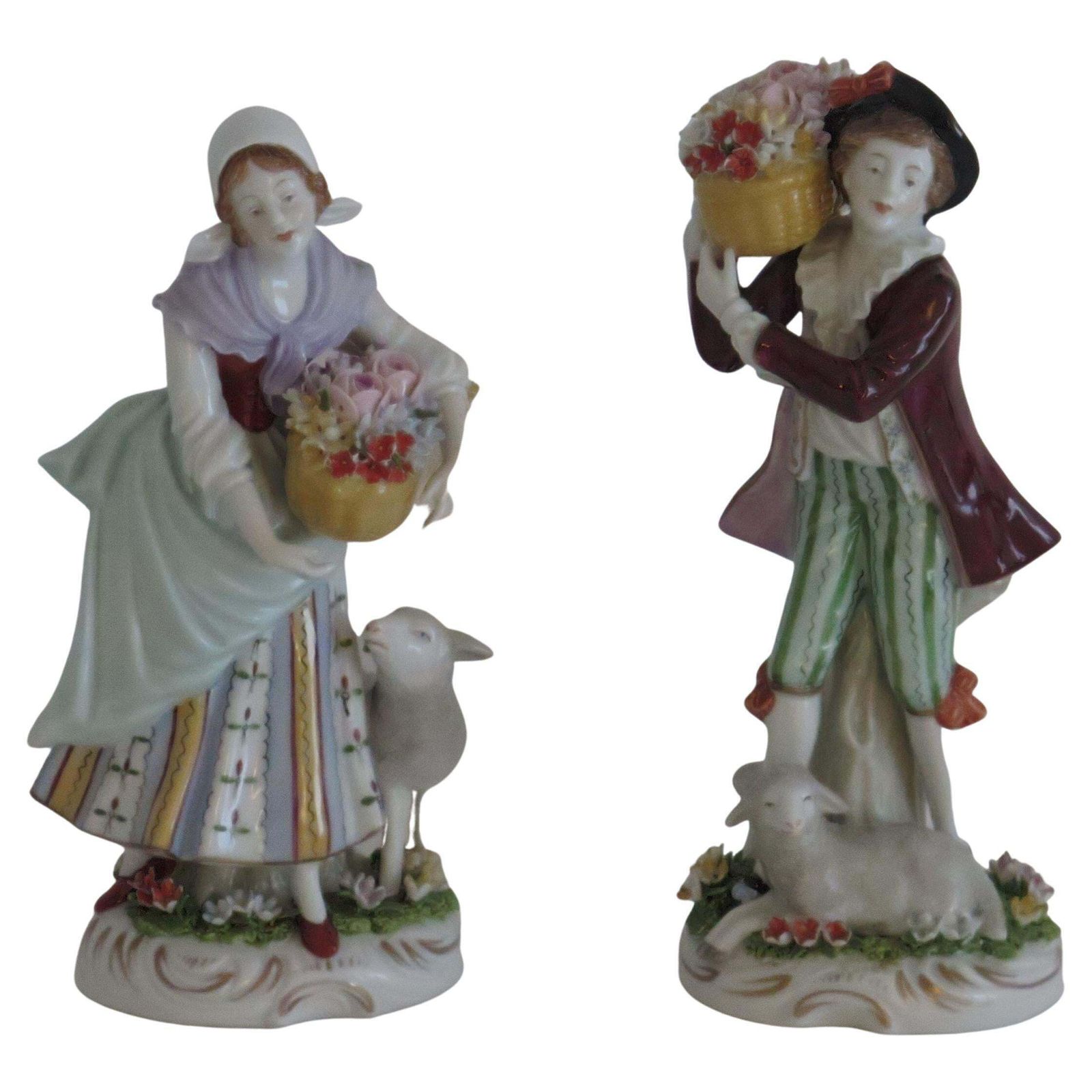 Pair Of Sitzendorf Figures Porcelain Flower Sellers, German Fully Marked Ca 1920