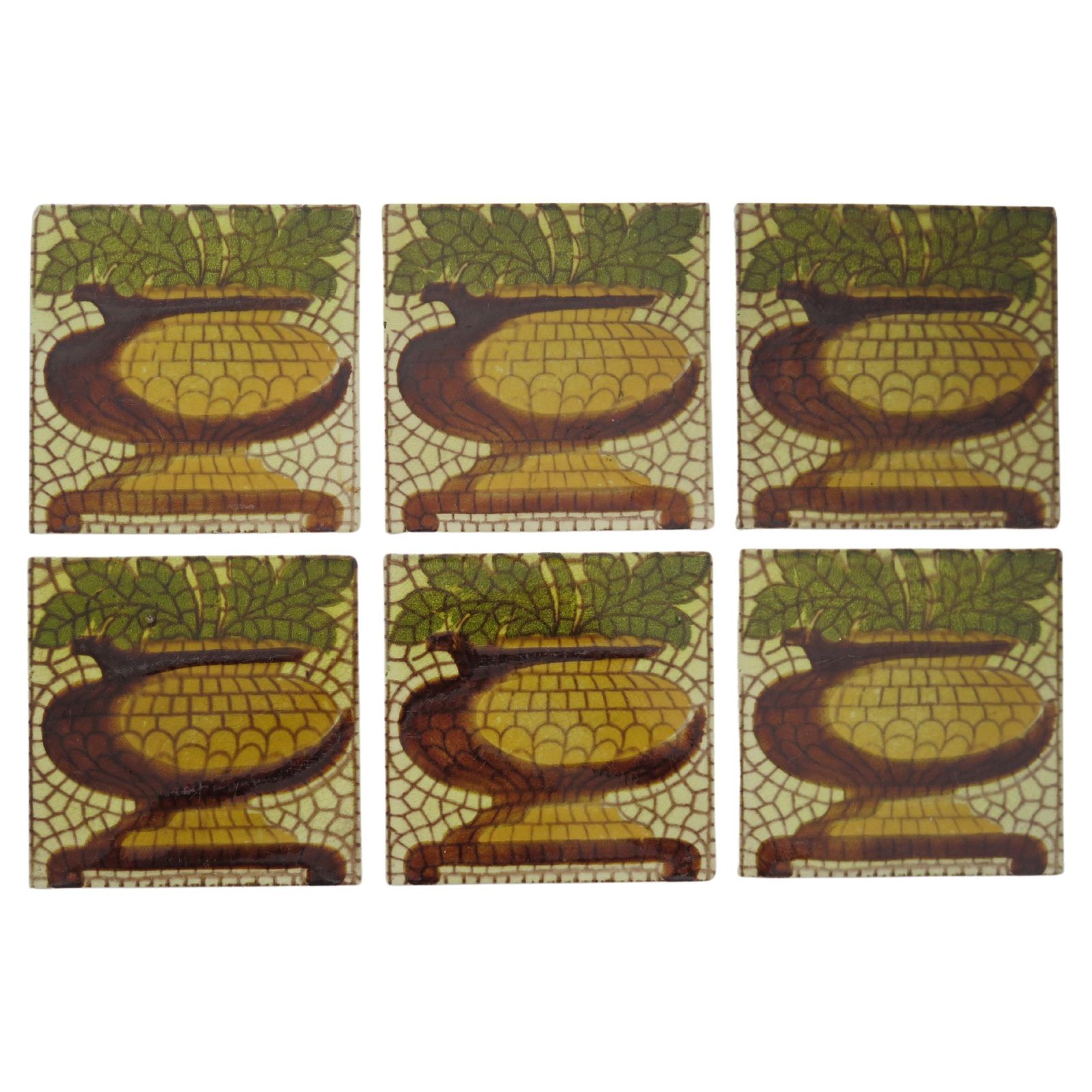Set Of Six Ceramic Wall Tiles Pineapple Vase Pat'n 6 Inches Square,  Circa 1960