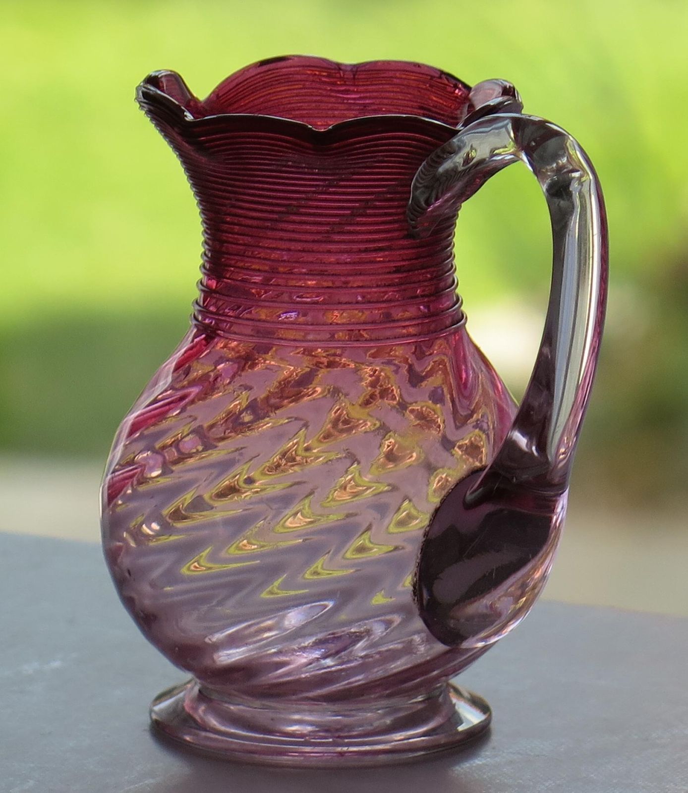 19th Century Cranberry Glass Milk Or Cream Jug Wrythen Moulded, English Ca 1870 photo furniture