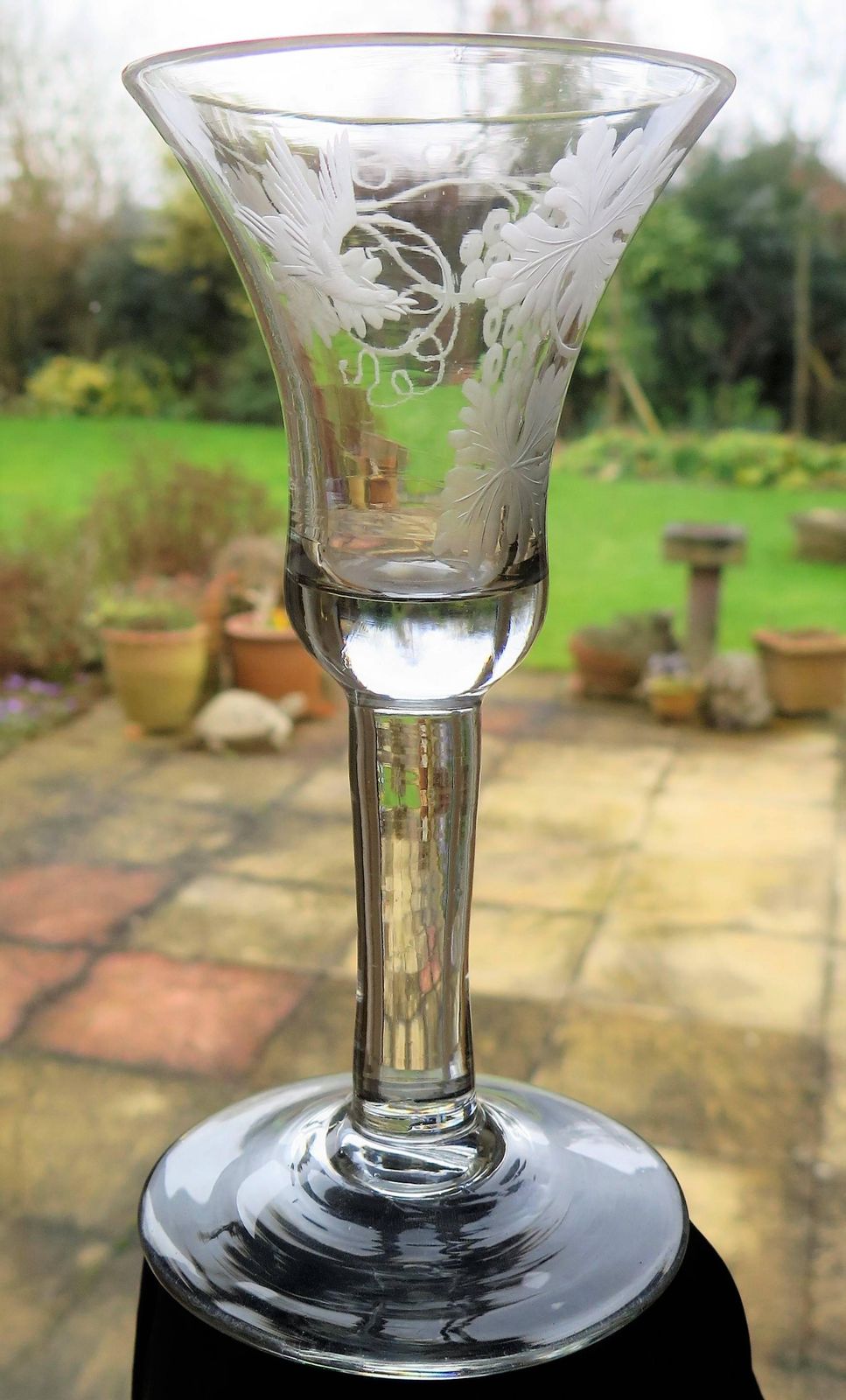 George II English Wine Drinking Glass Engraved Bell Bowl Hand Blown, Circa 1745 photo furniture