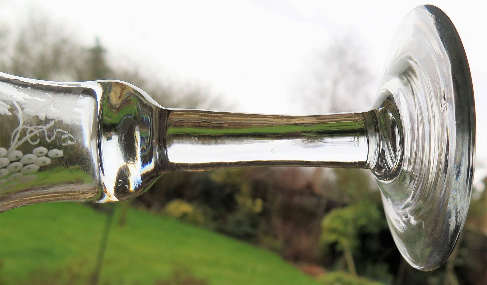 photo furniture George II English Wine Drinking Glass Engraved Bell Bowl Hand Blown, Circa 1745