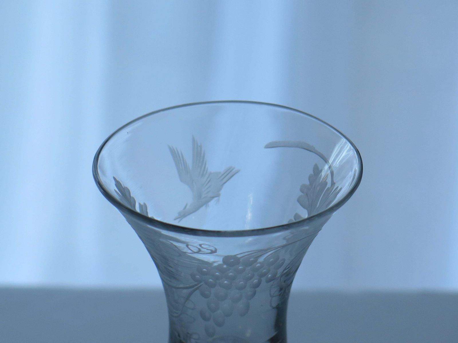 photo for sale George II English Wine Drinking Glass Engraved Bell Bowl Hand Blown, Circa 1745