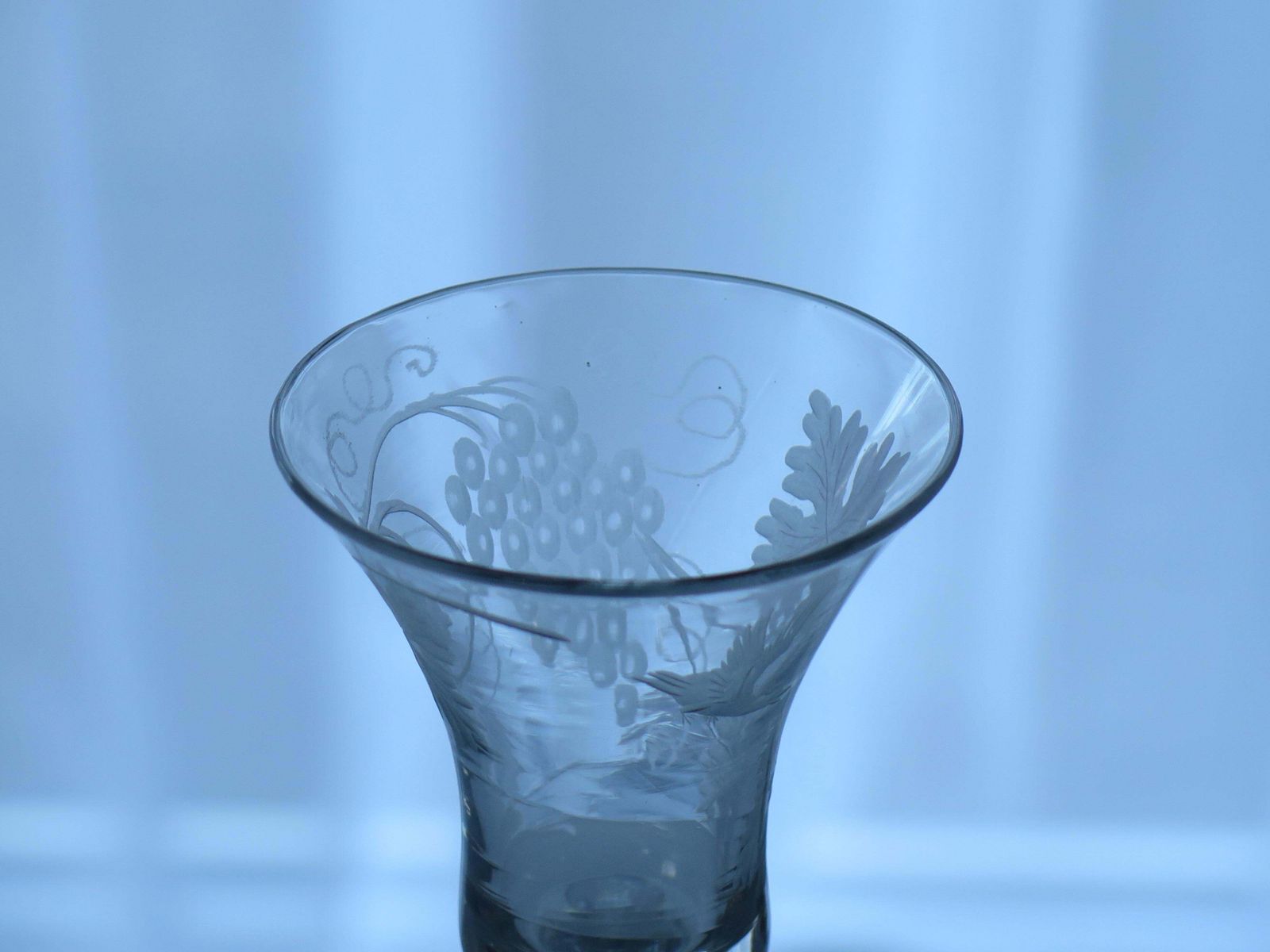 Home Decor George II English Wine Drinking Glass Engraved Bell Bowl Hand Blown, Circa 1745 photo