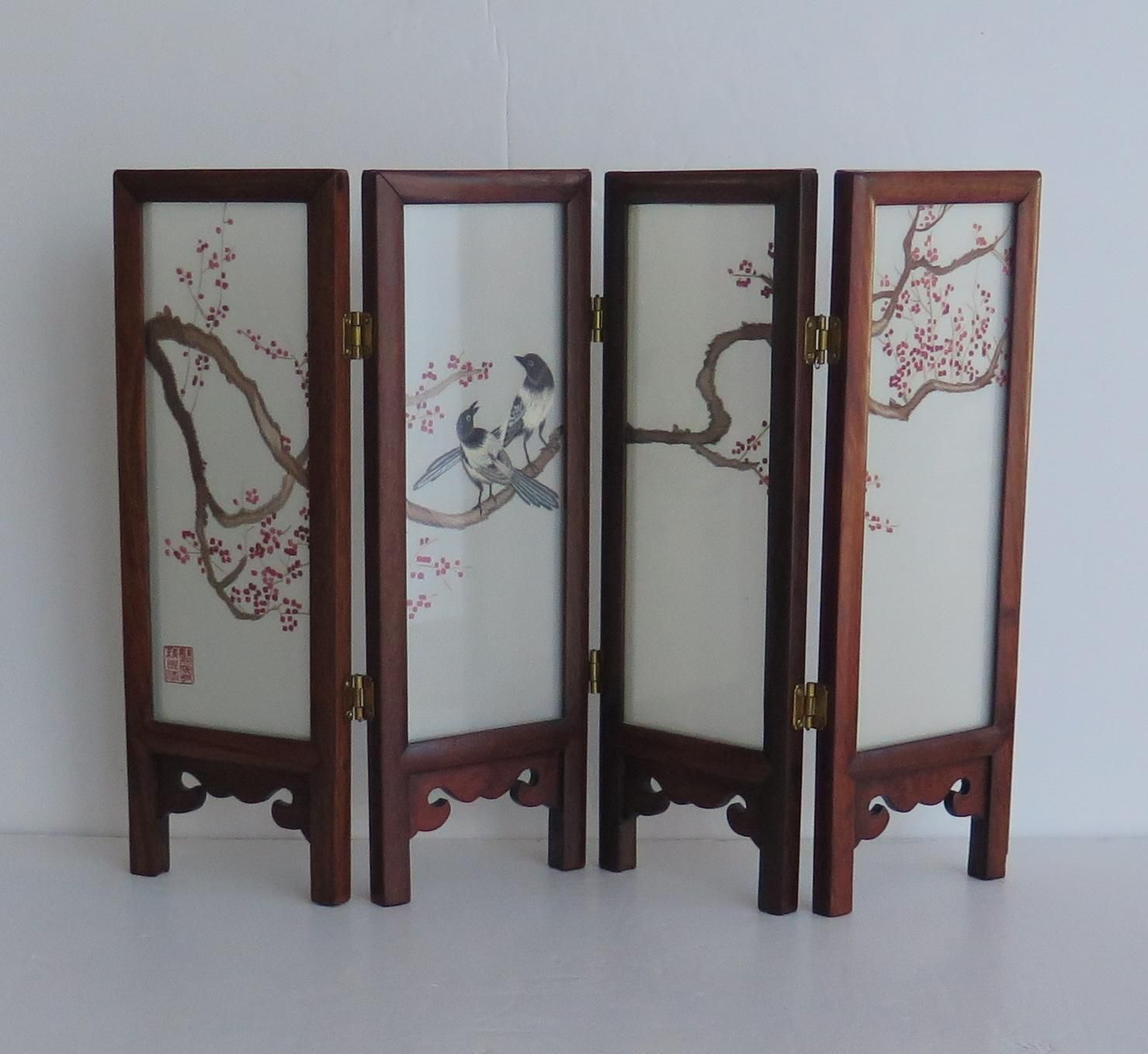 Chinese Folding Screen For Desk Hardwood & Silk Hand Decorated, Circa 1960 photo furniture