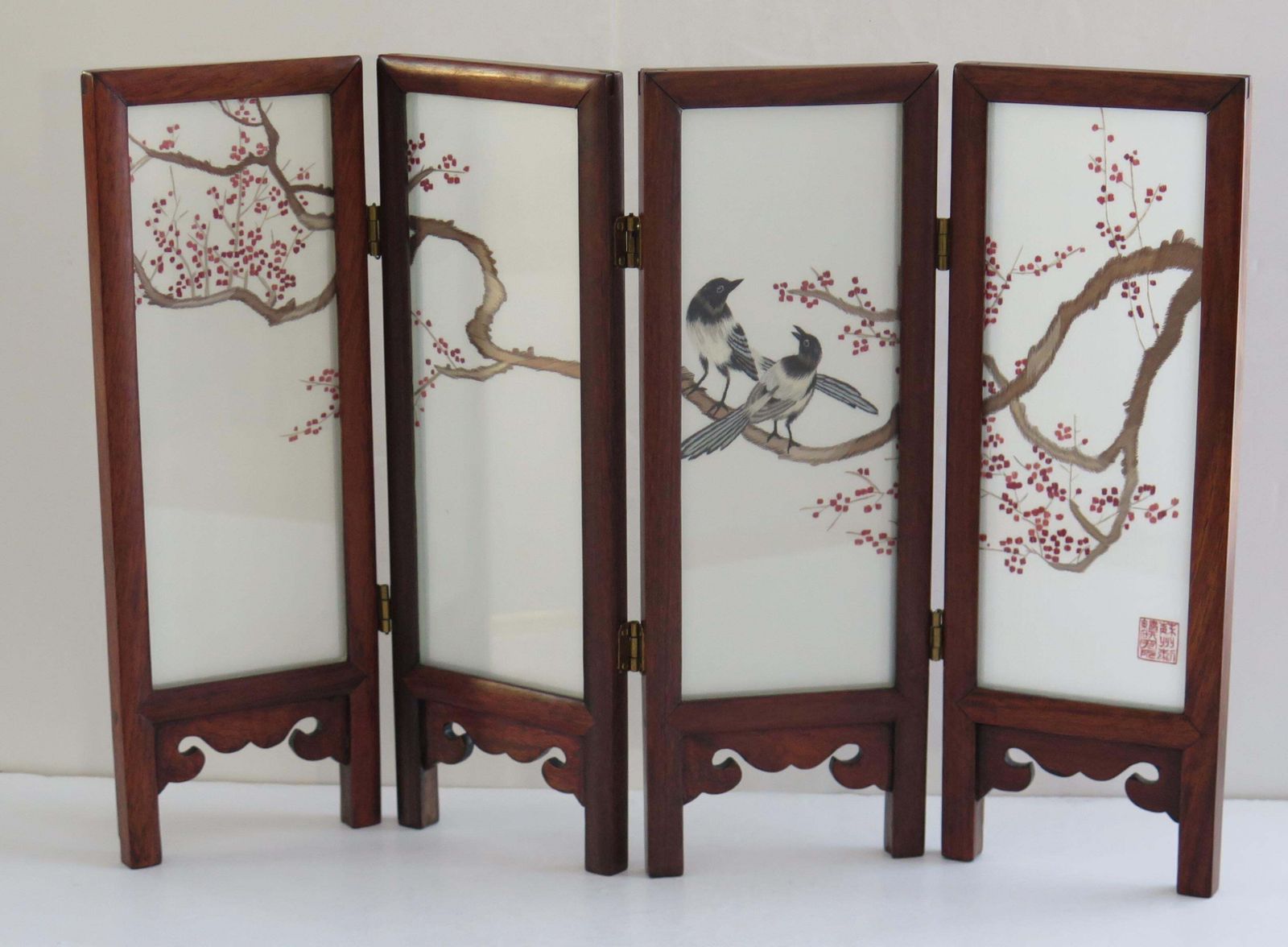 Chinese Folding Screen For Desk Hardwood & Silk Hand Decorated, Circa 1960 photo buy