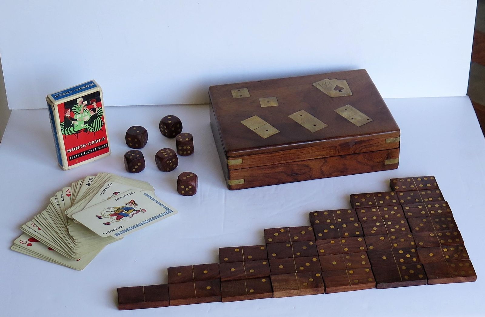 Complete Handmade Game Box With Dominoes, Six Dice & Playing Cards, Circa 1940s photo buy
