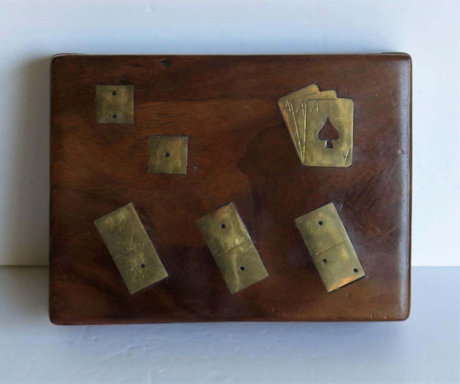 photo for sale Complete Handmade Game Box With Dominoes, Six Dice & Playing Cards, Circa 1940s