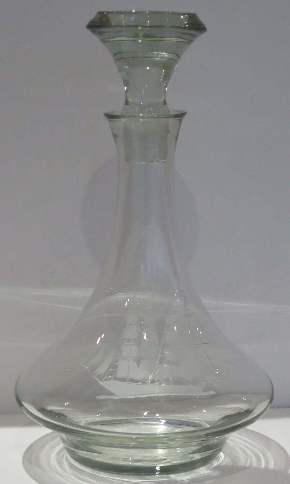 Large Lead Cut Glass Ship's Decanter With Engraved Sailing Ship, Circa 1930 photo for sale