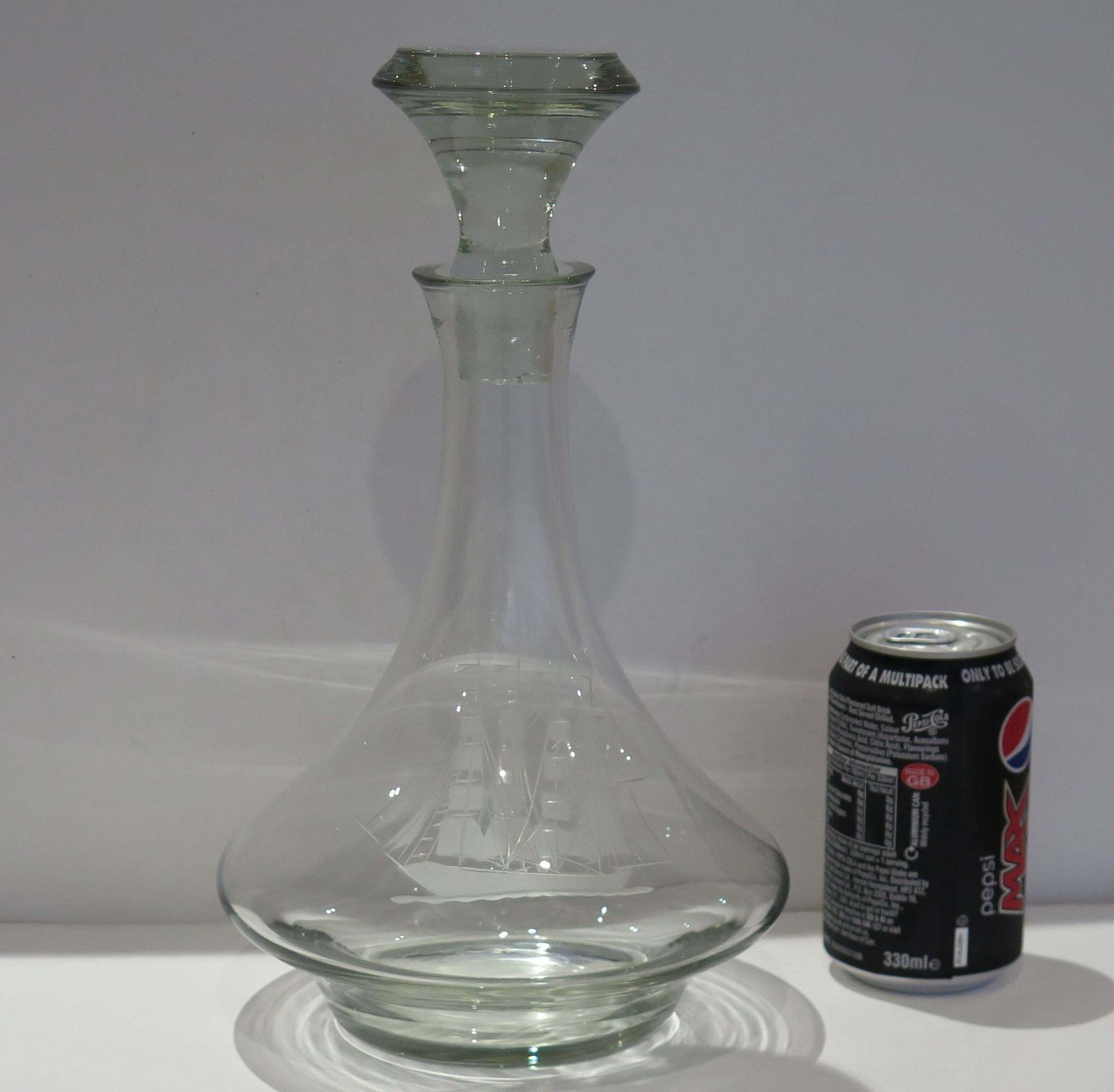 photo vinterior Large Lead Cut Glass Ship's Decanter With Engraved Sailing Ship, Circa 1930