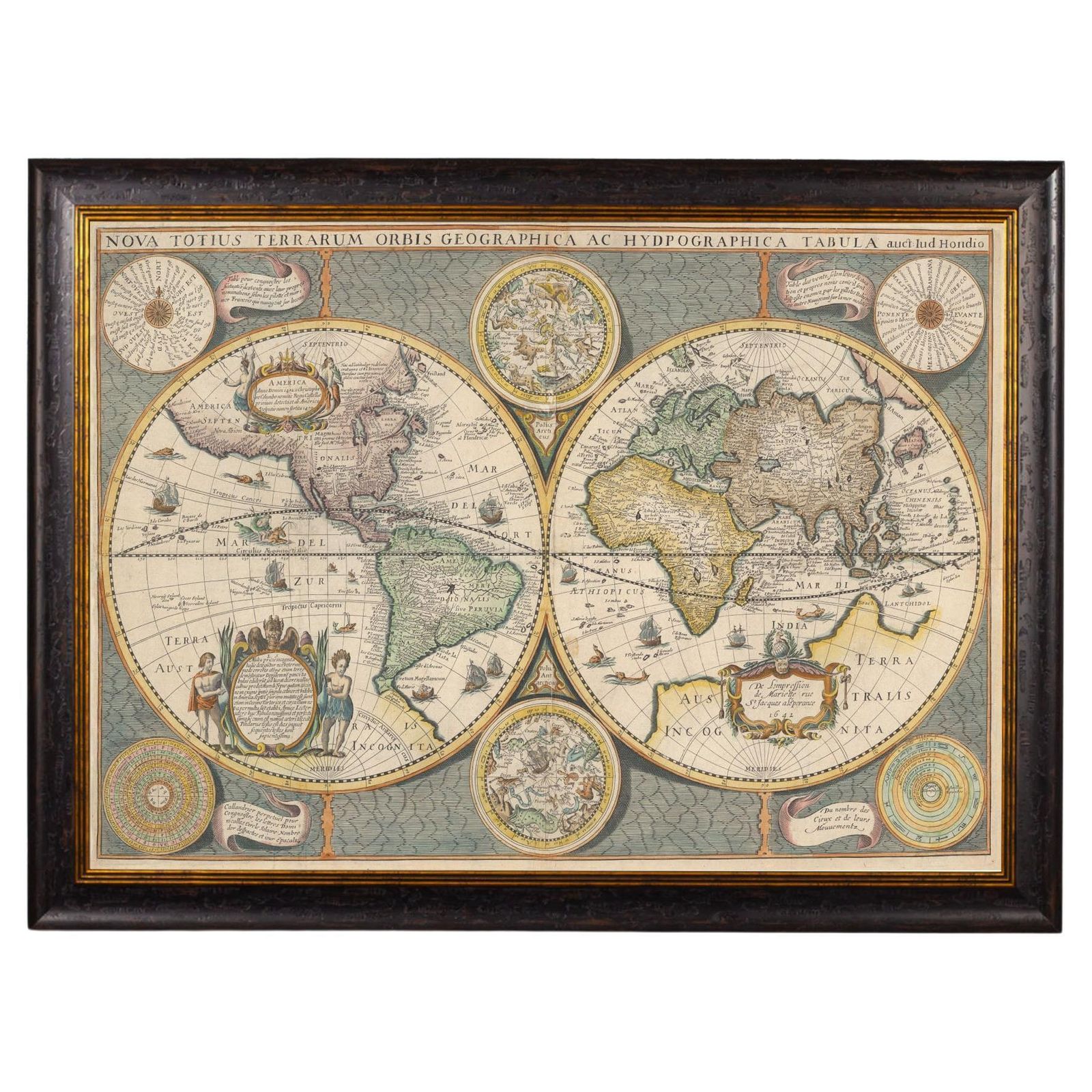 Framed World Map Print Showing Double Hemisphere Dating To 1642 Originally, New