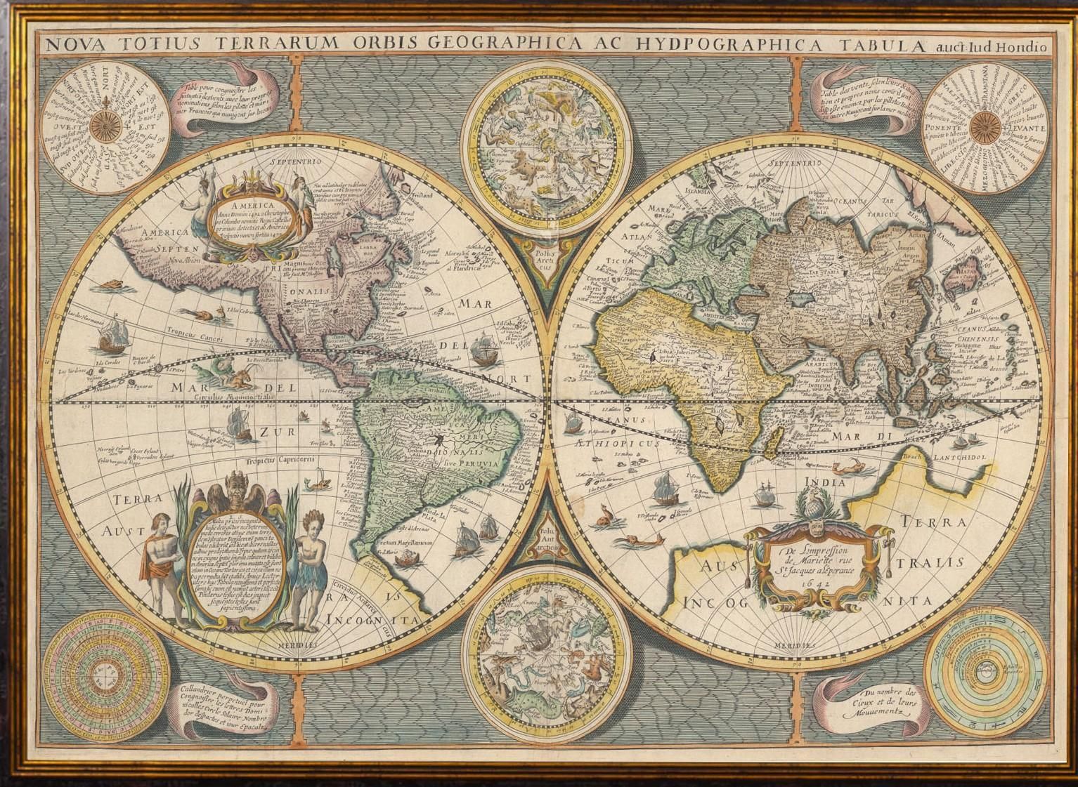 Framed World Map Print Showing Double Hemisphere Dating To 1642 Originally, New photo furniture