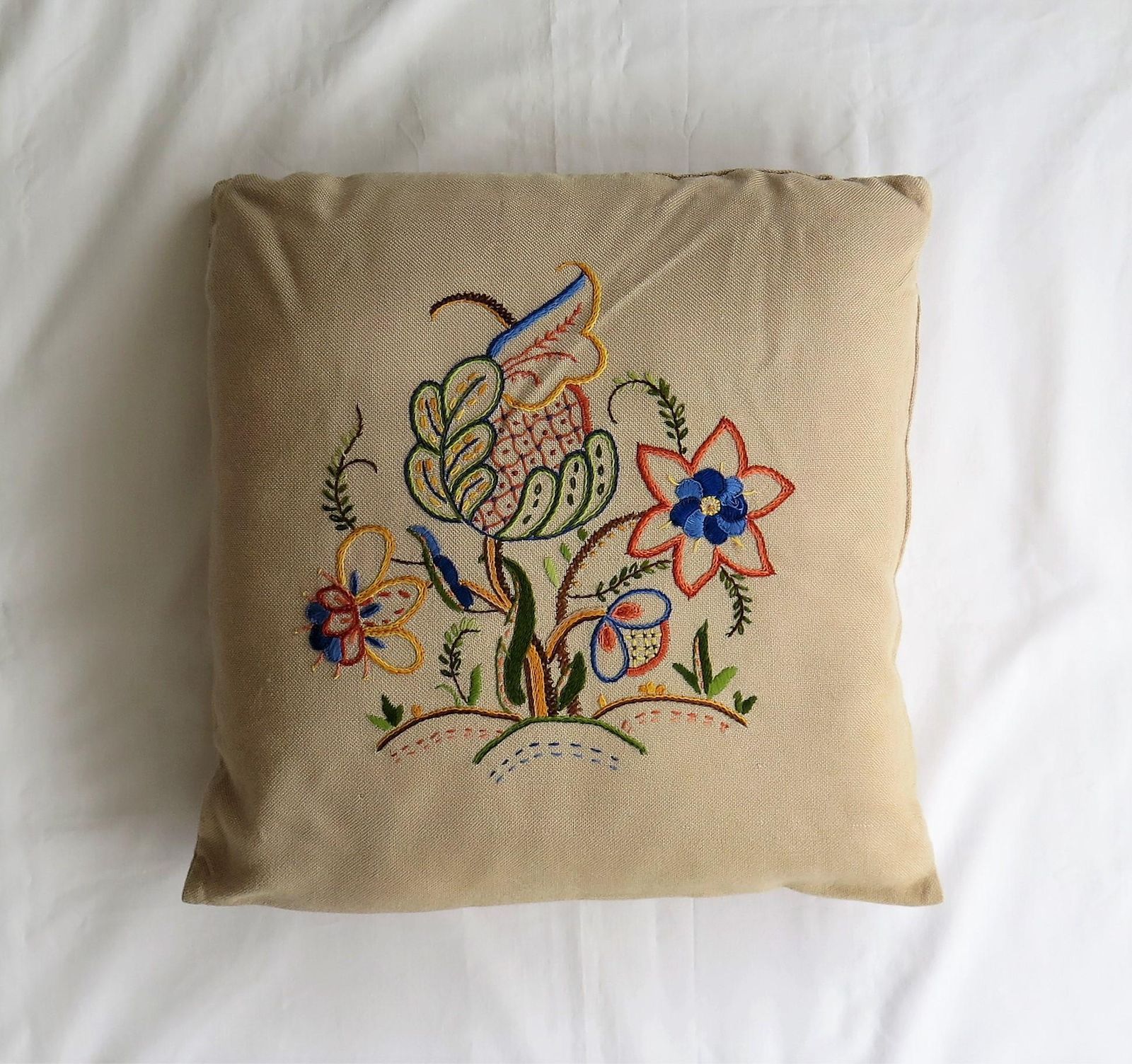 Hand Embroidered Cushion Or Pillow, English Circa 1940s photo for sale
