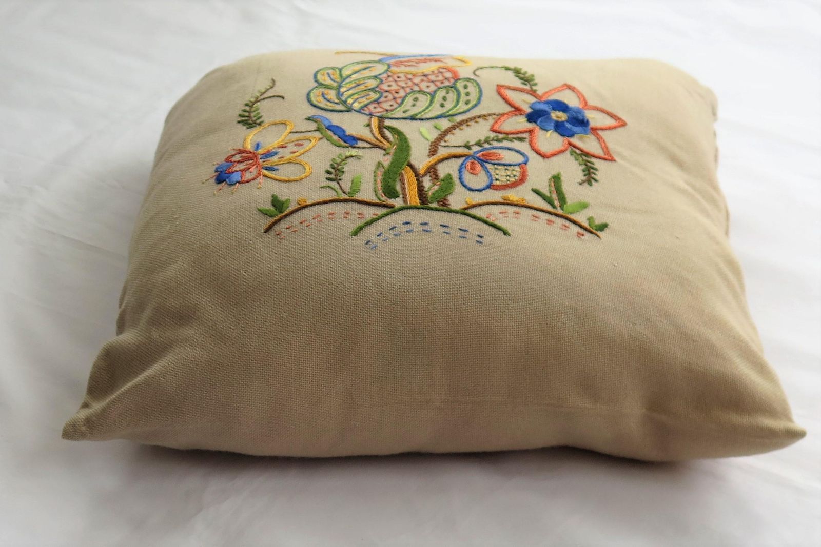 Hand Embroidered Cushion Or Pillow, English Circa 1940s photo buy