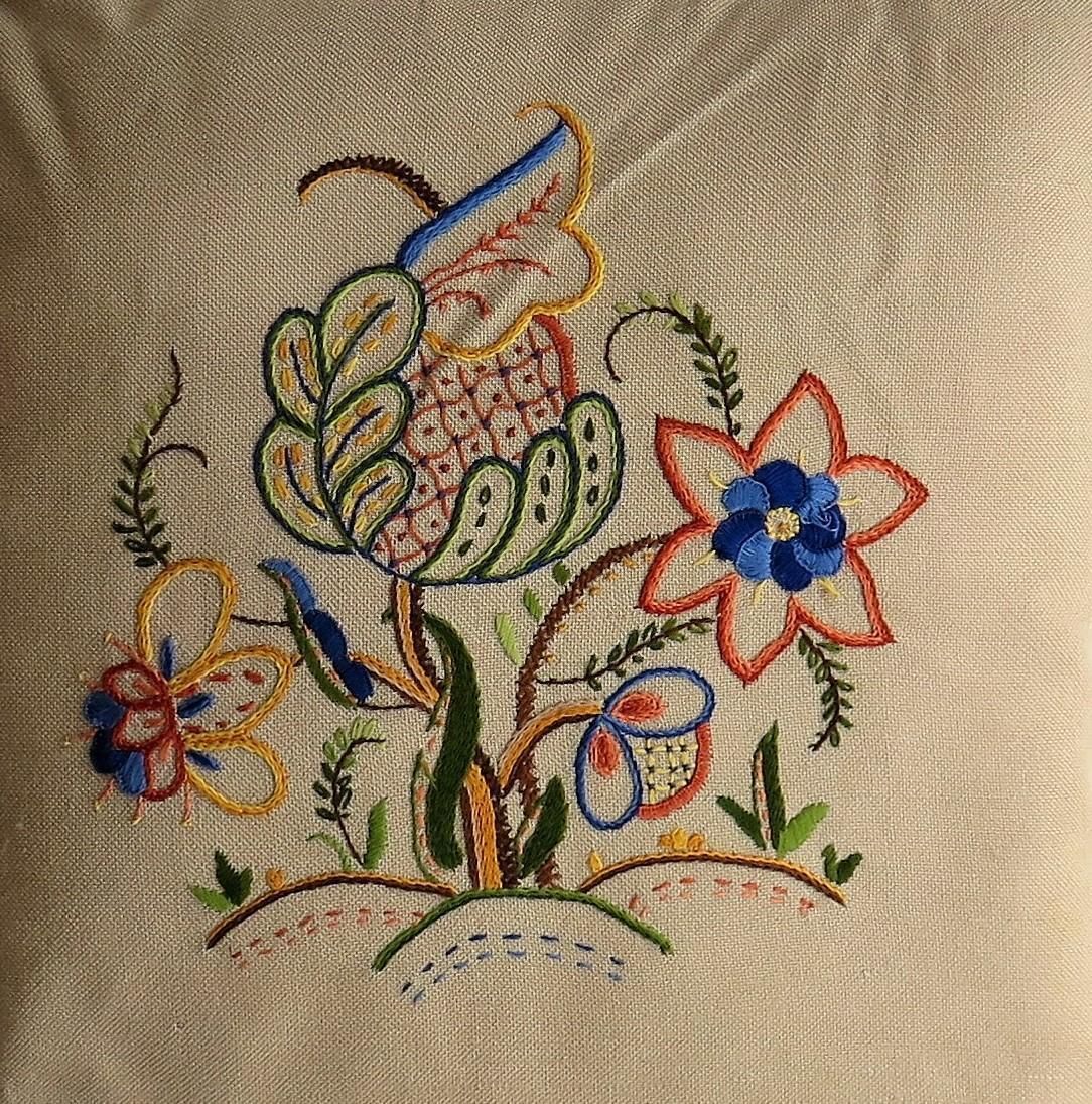 Textiles Hand Embroidered Cushion Or Pillow, English Circa 1940s photo