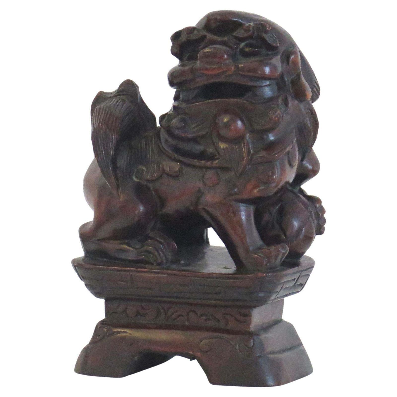 Chinese Foo Dog Hardwood Hand Carved And Signed, Qing Circa 1900