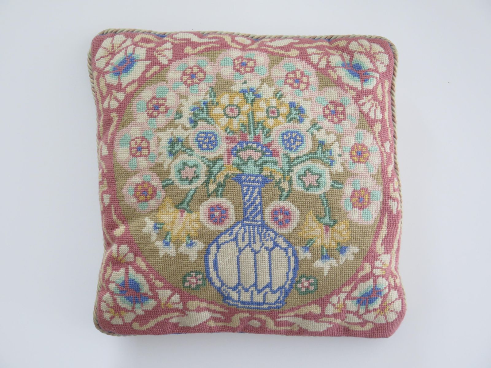 Woven Cushion Or Pillow With Flower Vase Pattern In Pastel Shades, Circa 1930s photo for sale